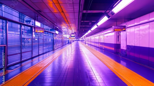 Empty subway platform with purple and orange neon lights.