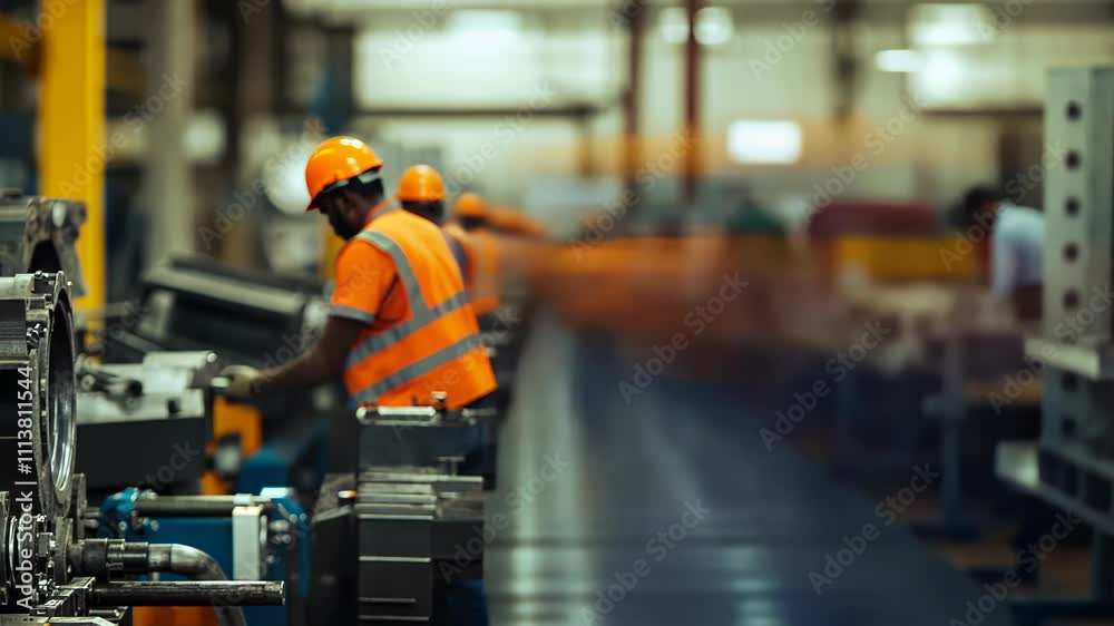 Workers in bright uniforms operate machinery and equipment in a bustling manufacturing plant, faster process
