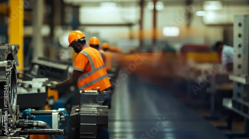 Workers in bright uniforms operate machinery and equipment in a bustling manufacturing plant, faster process