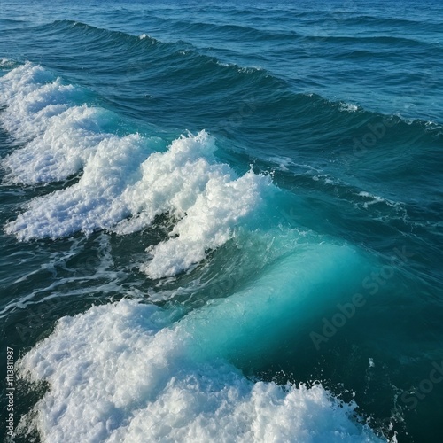 Pure blue turquoise water texture of the ocean sea with foam from and waves photo