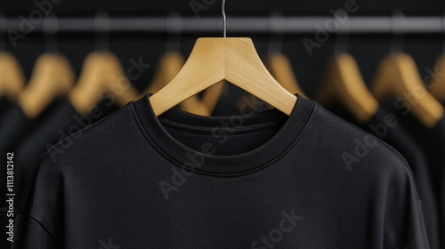 Black t shirt on wooden hanger in clothing store display photo