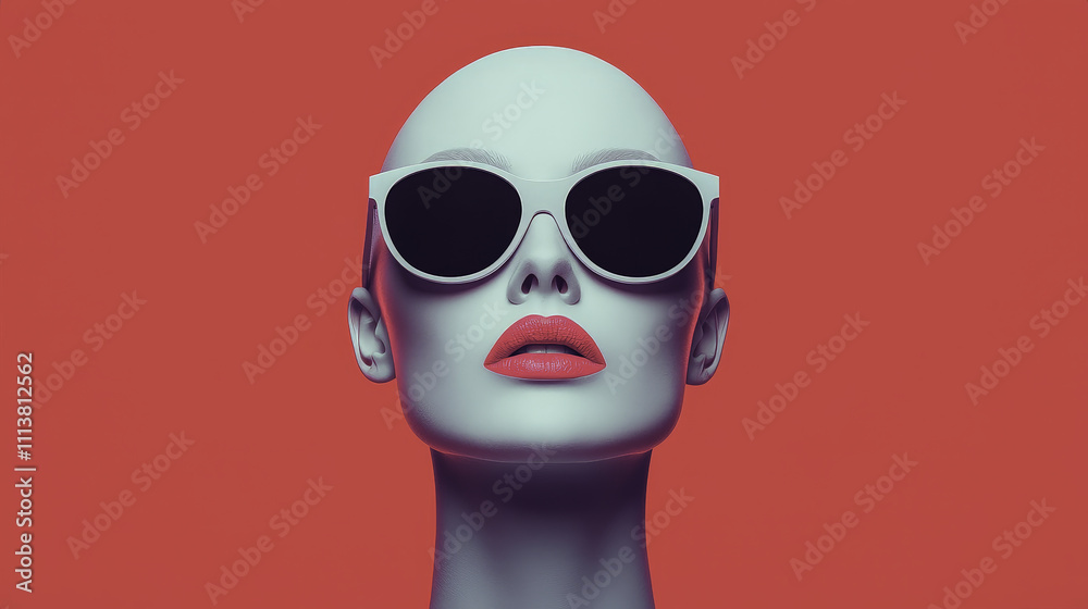 Stylish mannequin with sunglasses and bold lips against red background Stylish mannequin with sunglasses and bold lips against red background