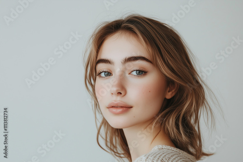 A beautiful young woman with clean, fresh skin on a white background. A portrait of a girl in a studio