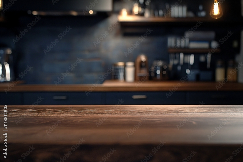Wooden Table with Blurred Modern Kitchen Background Wooden Table with Blurred Modern Kitchen Background