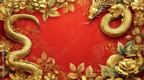 The Year of the Snake, A gold and red background with two snakes on it