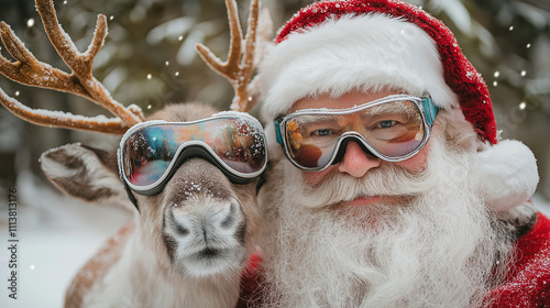 lustige Grußkarte zu Weihnachten mit Weihnachtsmann und Rentier mit Skibrille lustiges Weihnachtsmotiv für Weihnachtskarte Generative AI