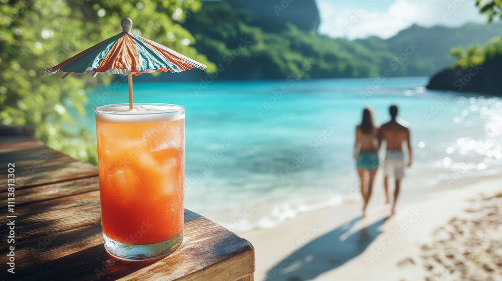 refreshing cocktail with colorful umbrella on beachside table, with couple walking along shore in background, evoking sense of relaxation and romance refreshing cocktail with colorful umbrella on beachside table, with couple walking along shore in background, evoking sense of relaxation and romance
