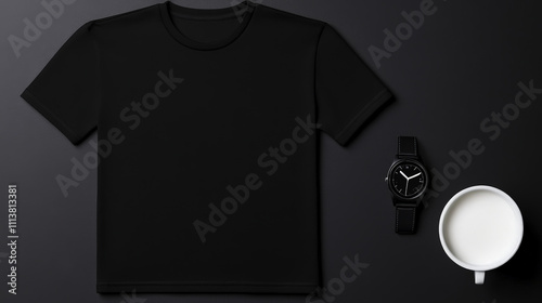 Black t shirt, watch, and cup on dark background create stylish look