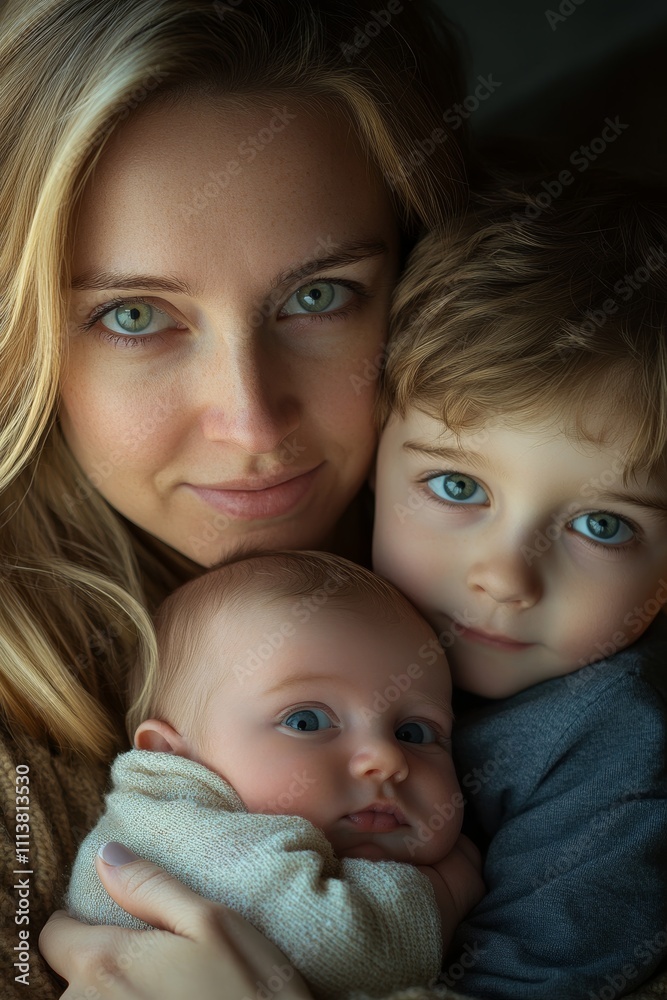 Close-up of a mother embracing her infant and young child, showcasing love and family connection through tender expressions. Close-up of a mother embracing her infant and young child, showcasing love and family connection through tender expressions.