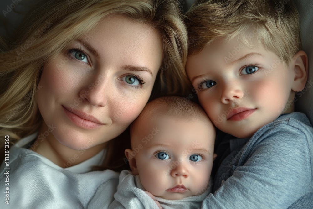 Close-up of a loving mother with her two young children, capturing a tender family moment full of warmth and connection. Close-up of a loving mother with her two young children, capturing a tender family moment full of warmth and connection.