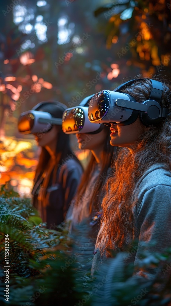 Three people immersed in a virtual reality experience, surrounded by lush greenery, blending technology with nature exploration.