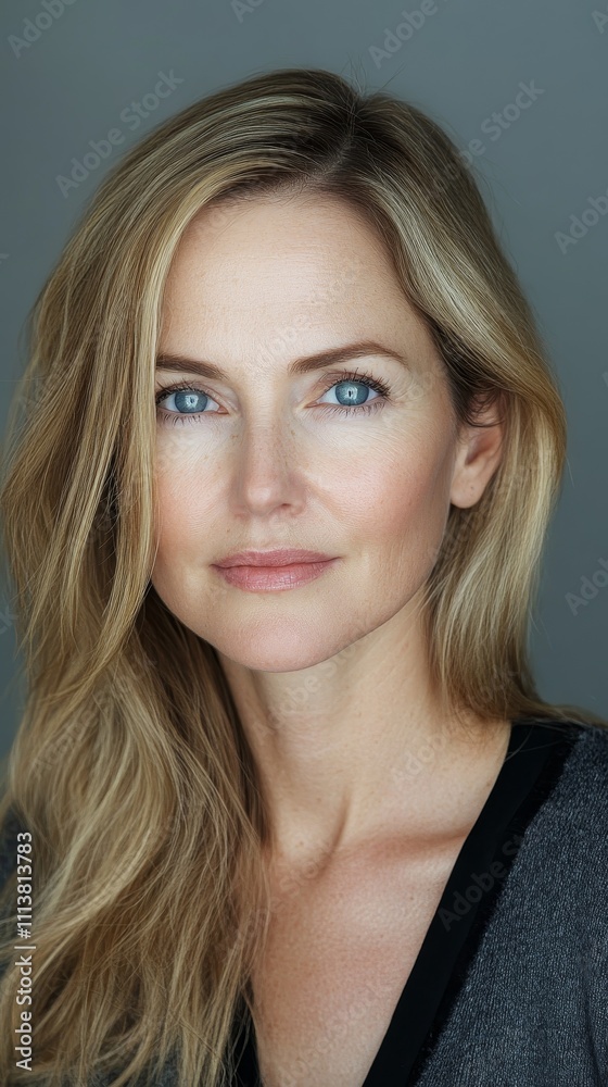 Portrait of a middle-aged woman with blue eyes and blonde hair, exuding confidence and elegance against a neutral background. Portrait of a middle-aged woman with blue eyes and blonde hair, exuding confidence and elegance against a neutral background.