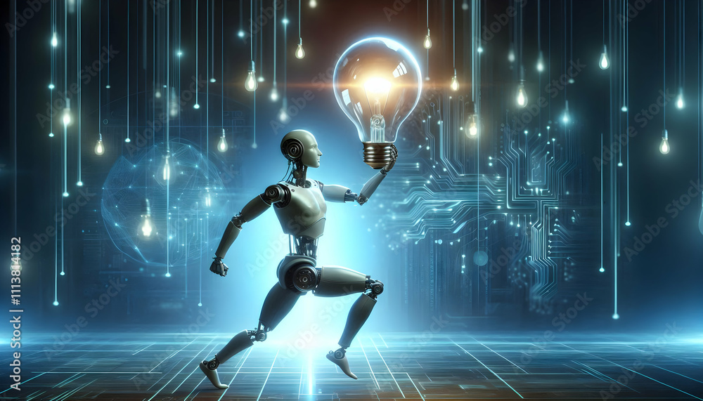 AI Robot Background A humanoid robot in mid-motion, holding a glowing bulb1 AI Robot Background A humanoid robot in mid-motion, holding a glowing bulb1