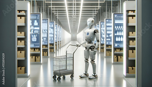 AI Robot Background A humanoid robot pushing a cart in a minimalistic, futuristic warehouse filled with digital product 1 photo