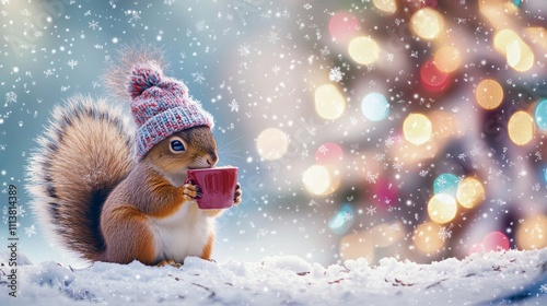 A cute squirrel wearing a colorful hat sips from a red mug in a snowy, festive winter setting.