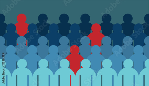 Selected People Figures Red in the Crowd. Job interview or staff selection process vector art