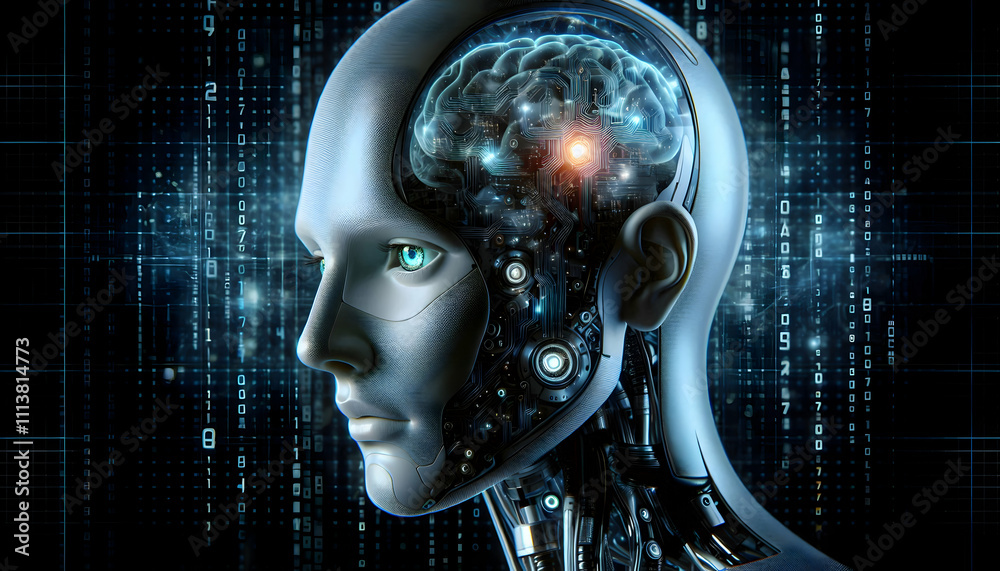 AI Robot Background A humanoid robot head with glowing eyes and transparent skin, revealing a network of intricate circuits, placed against a black digital matrix background AI Robot Background A humanoid robot head with glowing eyes and transparent skin, revealing a network of intricate circuits, placed against a black digital matrix background