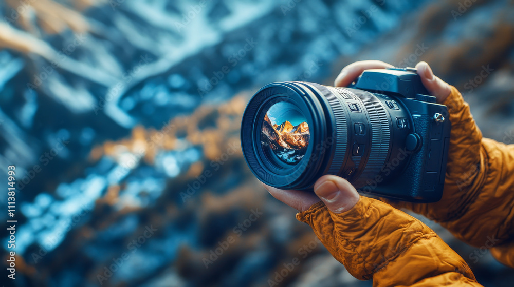 Naklejka premium Capturing stunning landscapes with camera, showcasing nature beauty. photographer hand holds camera, focusing on majestic mountains