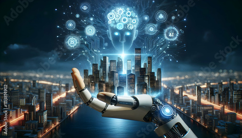 AI Robot Background A glowing city emerging from a robotic hand, with holographic AI symbols, including gears and neural1