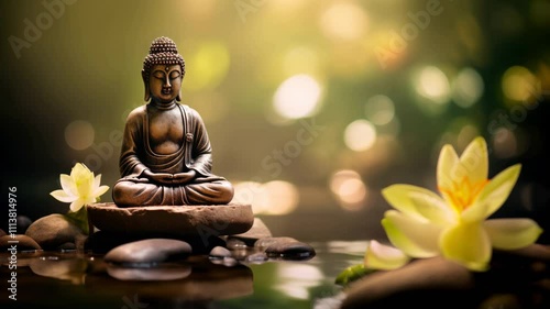 Zen garden spa, buddha statue lotus, tranquil water, relaxation wellness harmony, massage bodycare