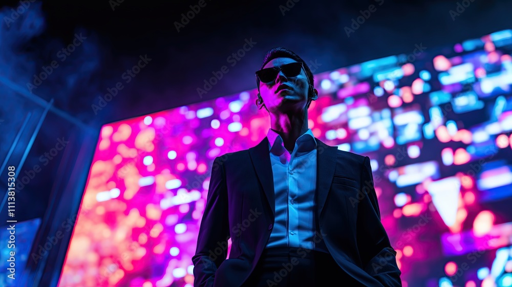 Obraz premium Charismatic man in front of LED screen at modern concert, futuristic vibe with neon lights, nightlife photography for urban events, print for National Concert Day