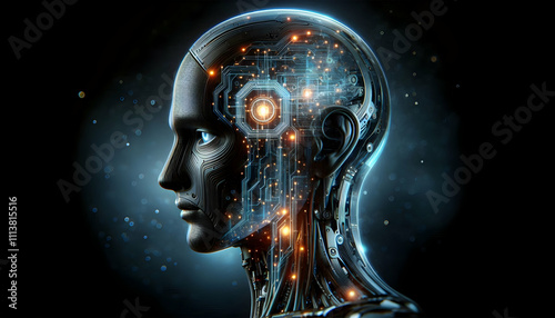 AI Robot Background A futuristic humanoid robot head with glowing intricate circuits, partially transparent to reveal ad3