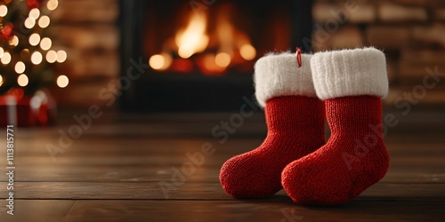 Making holidays festive concept. Cozy red Christmas stockings by a warm fireplace, creating a festive atmosphere.
