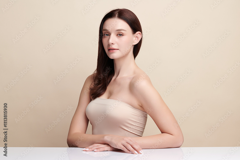 Beautiful young woman with clean fresh skin on beige background, Face care, Facial treatment, Cosmetology, beauty and spa, women portrait. Beautiful young woman with clean fresh skin on beige background, Face care, Facial treatment, Cosmetology, beauty and spa, women portrait.