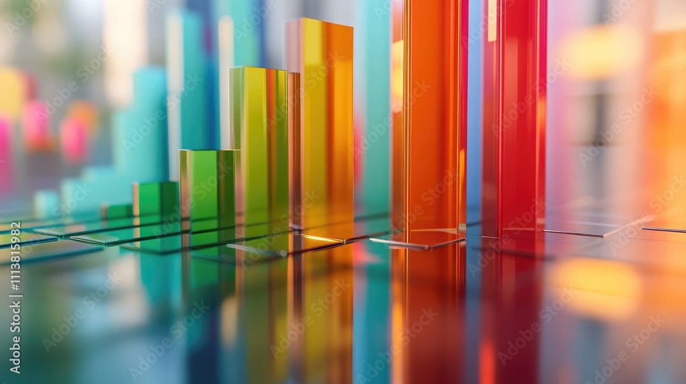 Close-up of a colorful 3D bar graph with varying heights on a sleek, reflective surface, showcasing growth and data visualization Close-up of a colorful 3D bar graph with varying heights on a sleek, reflective surface, showcasing growth and data visualization