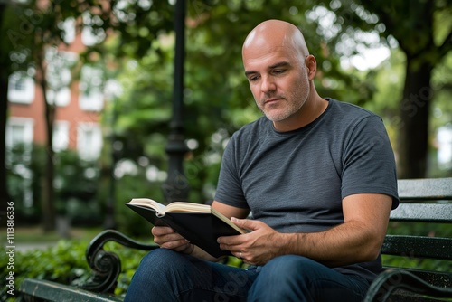 Man with bald head reading a book in the park on a sunny day