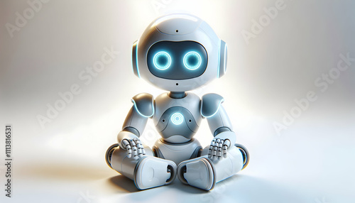 AI Robot Background A 3D AI robot with small round body, tiny hands, and glowing facial features, sitting with its legs 1