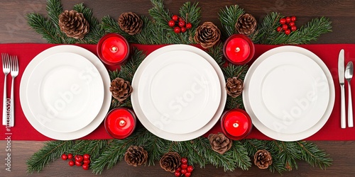 Making holidays festive concept. Elegant festive table setting with white plates, red decorations, and pinecones. photo