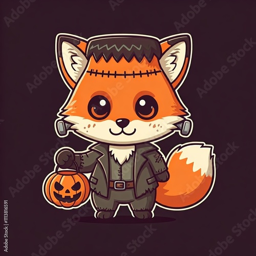 A chibi fox dressed as Frankenstein’s monster, holding a pumpkin lantern, in a cute sticker style.
 photo