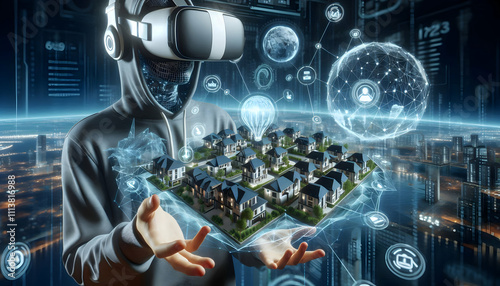 AI Robot Background A virtual reality headset wearer exploring properties in a fully AI-generated real estate marketplac2