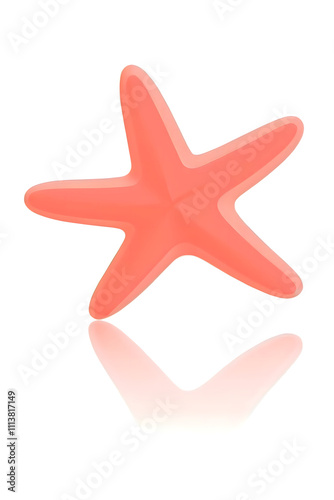 Coral starfish on white surface reflects light. Ideal for beach, underwater, marine, or summerthemed designs and projects. Illustrates tranquility.