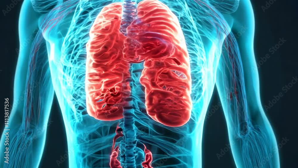 Detailed human anatomy illustration of lungs, showcasing respiratory ...