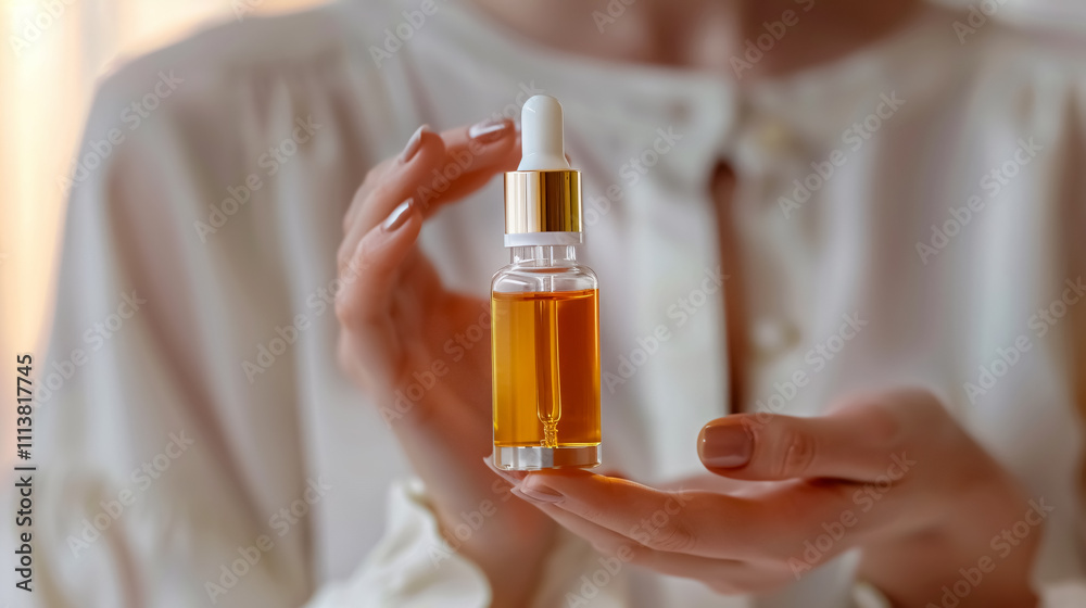 Serum Bottle: An open serum bottle held in a woman's hands, showcasing transparent moisturizing oil for skin care, representing natural cosmetics and spa treatments. Serum Bottle: An open serum bottle held in a woman's hands, showcasing transparent moisturizing oil for skin care, representing natural cosmetics and spa treatments.