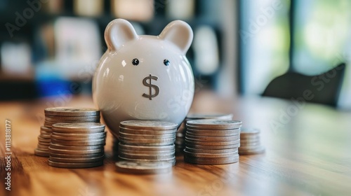 A piggy bank surrounded by coins, symbolizing savings and financial planning. photo