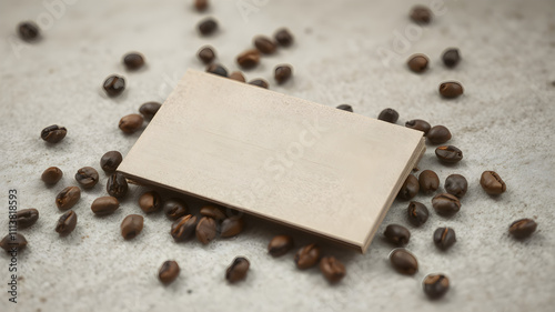 A textured linen business card with soft, muted tones, resting on a tabletop with scattered coffee beans, in ultra-clear 8K