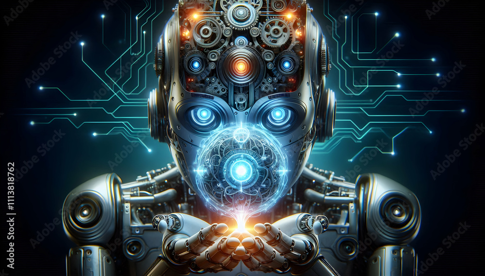 AI Robot Background A robot holding a glowing, spherical AI core with intricate mechanical details in a futuristic lab1 AI Robot Background A robot holding a glowing, spherical AI core with intricate mechanical details in a futuristic lab1