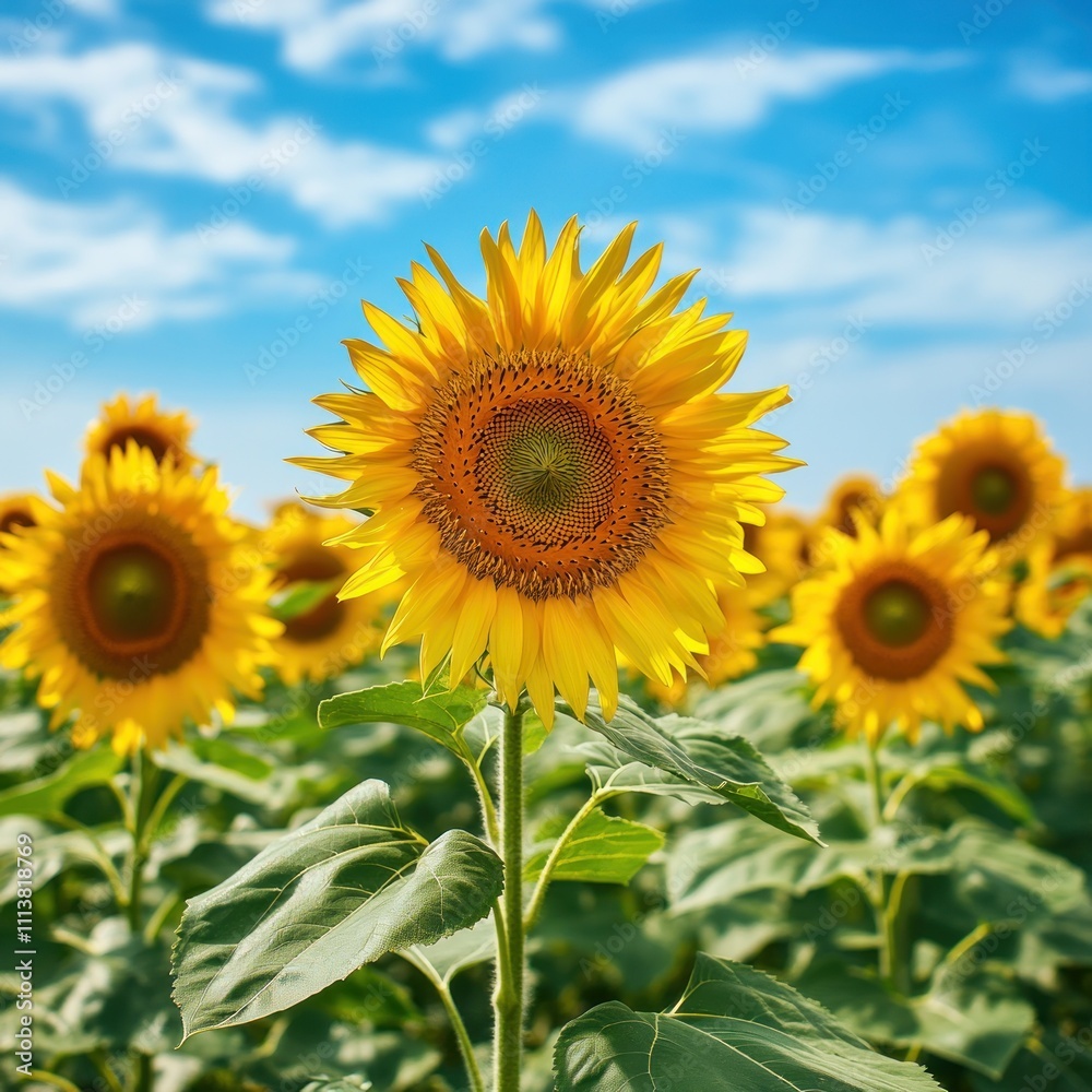 Bright Yellow Sunflower In A Field Under A Blue Sky Bright Yellow Sunflower In A Field Under A Blue Sky