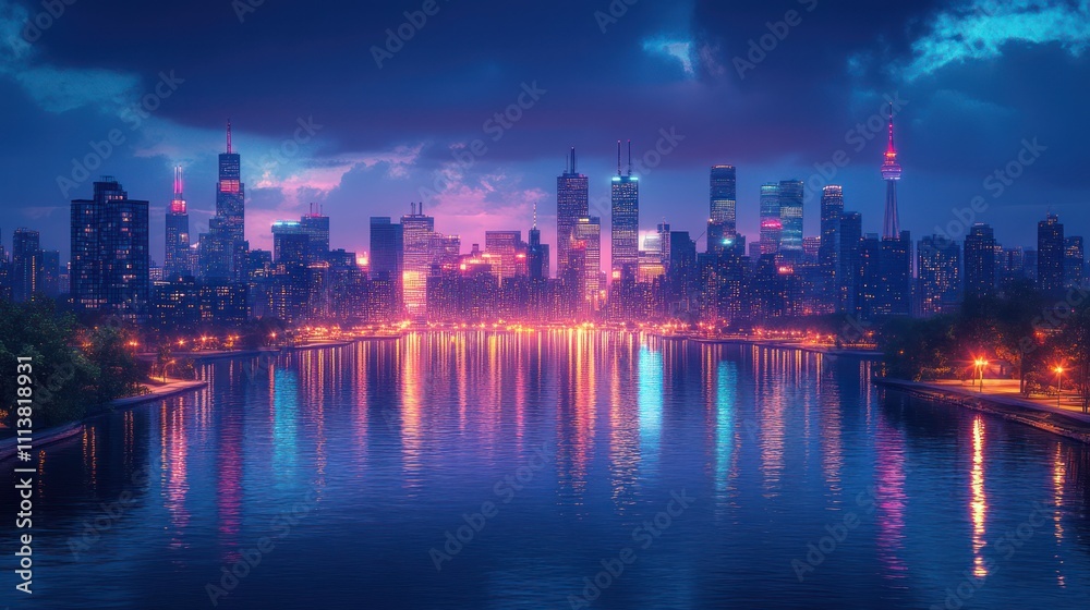 Night cityscape reflected in calm water. Night cityscape reflected in calm water.