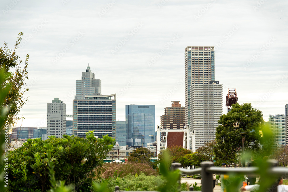 Fototapeta premium City skyline view in Tokyo showcasing modern architecture and greenery