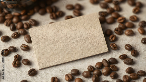 A textured linen business card with soft, muted tones, resting on a tabletop with scattered coffee beans, in ultra-clear 8K