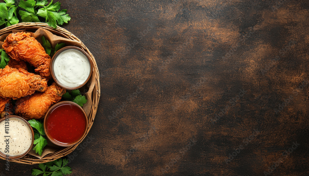 Crispy chicken wings served in rustic basket with dipping sauces
