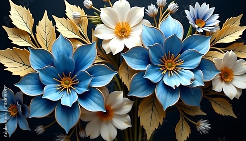 A blue and red floral display with flowers and leaves