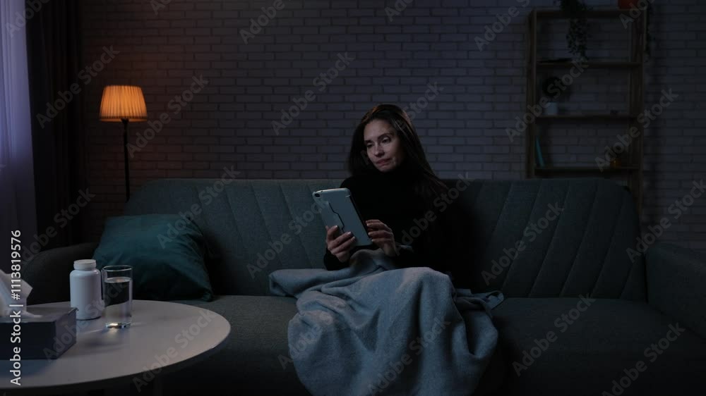 Woman suffering mental health issues, sitting on the sofa covered in blanket, depressed expression, looks at pictures on tablet, smiles through tears. Woman suffering mental health issues, sitting on the sofa covered in blanket, depressed expression, looks at pictures on tablet, smiles through tears.