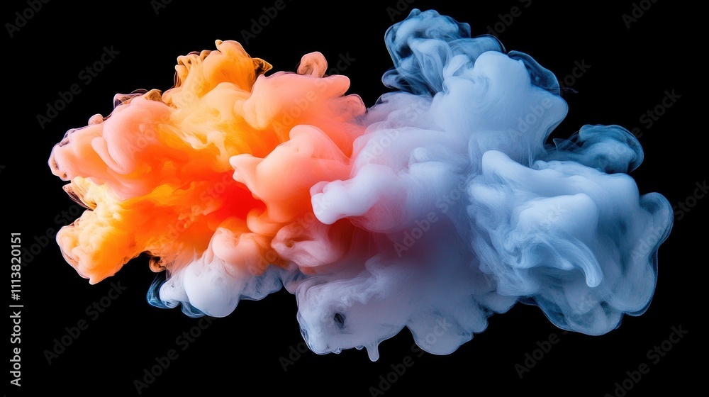 Dense, dramatic smoke with highlights of orange and red, suggesting fire or heat, floating against a dark background Dense, dramatic smoke with highlights of orange and red, suggesting fire or heat, floating against a dark background