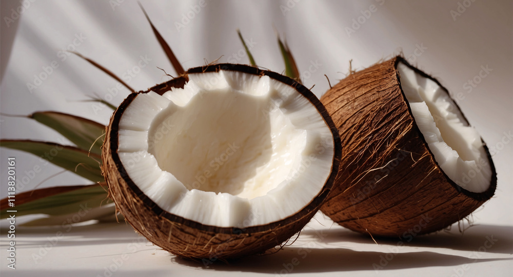 Two halves of a coconut. The coconut is brown and has a white inside Two halves of a coconut. The coconut is brown and has a white inside