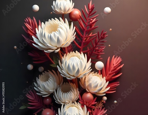 A blue and red floral display with flowers and leaves photo